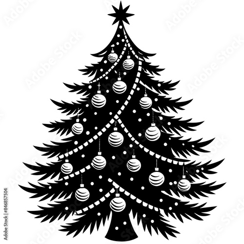 evergreen tree decorated with lights and ornaments illustration vector