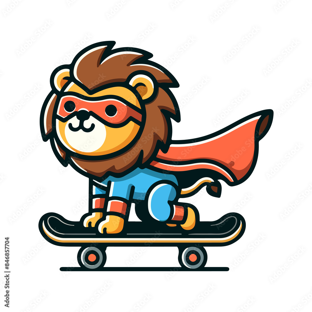 Naklejka premium cute lion hero playing skateboard icon character