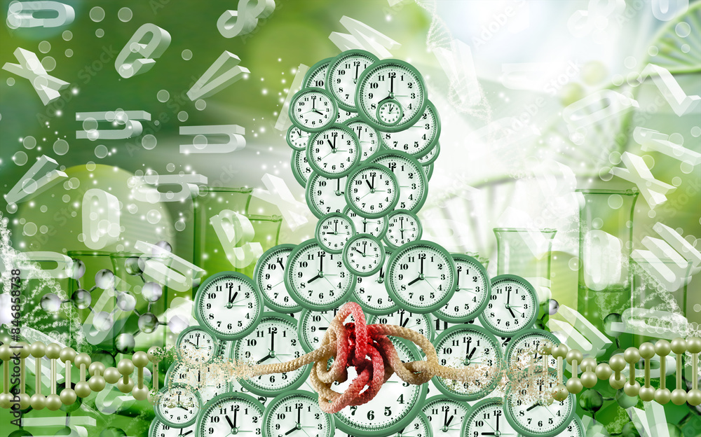 Obraz premium A digital collage featuring clocks, beakers, DNA strands, and letters swirling in a green, vibrant background, suggesting the interconnectedness of time, science, and life.
