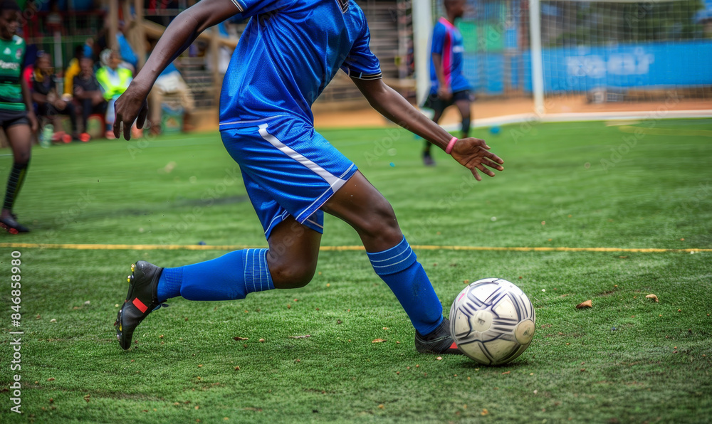 A black soccer player kicks a ball on the grassy field during an outdoor game, surrounded by their team and sporting equipment A black soccer player kicks a ball on the grassy field during an outdoor game, surrounded by their team and sporting equipment