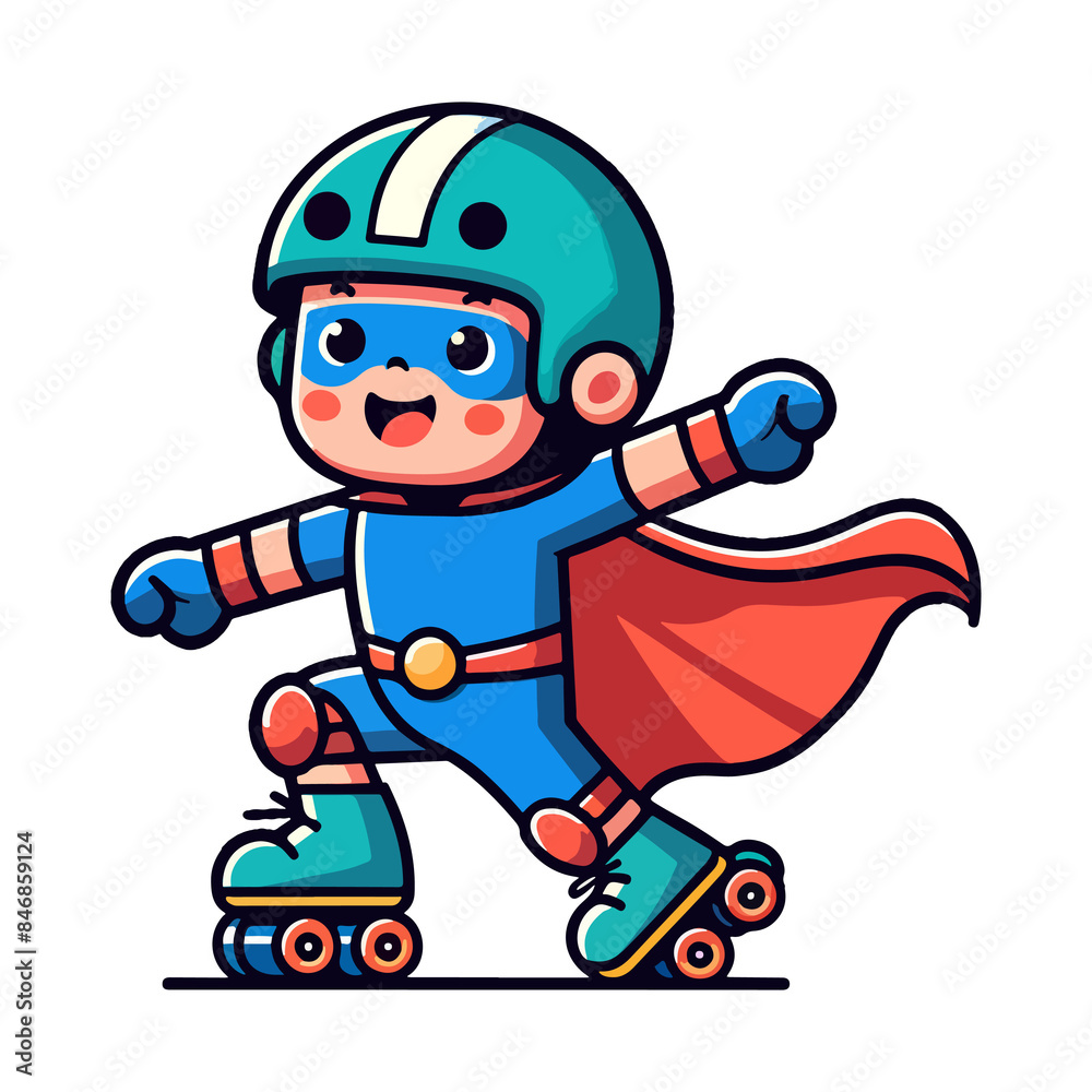 cute child hero playing roller skating icon character