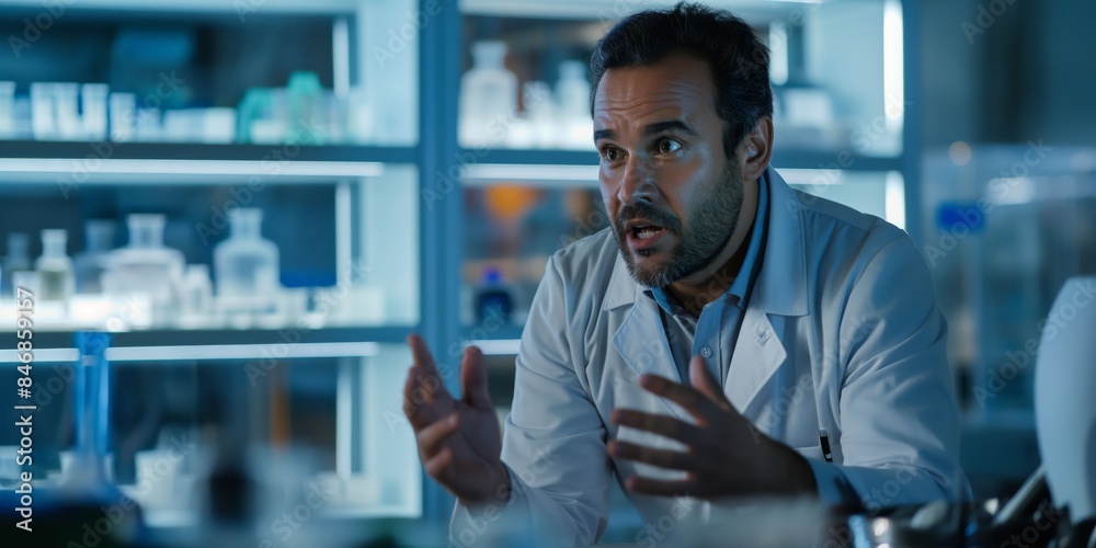 Obraz premium An intense male scientist discussing in a dimly lit laboratory at night