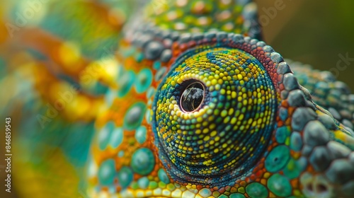 High-detail close-up of a chameleon's eye, displaying the intricate scales and vibrant colors with stunning clarity, set against a blurred natural background for dramatic focus © Apiwat