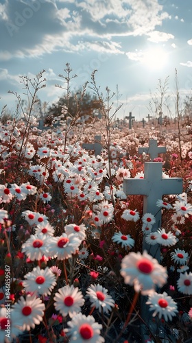 Life Emerging from Loss A Field of White Crosses Transforming into Wildflowers