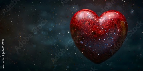 Top view of a digital red heart shape in a dark sphere with stars. Concept Digital art, Heart shape, Dark background, Top view, Stars