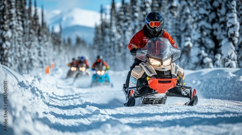 A group of people riding snowmobiles down a snowy mountain trail. photo