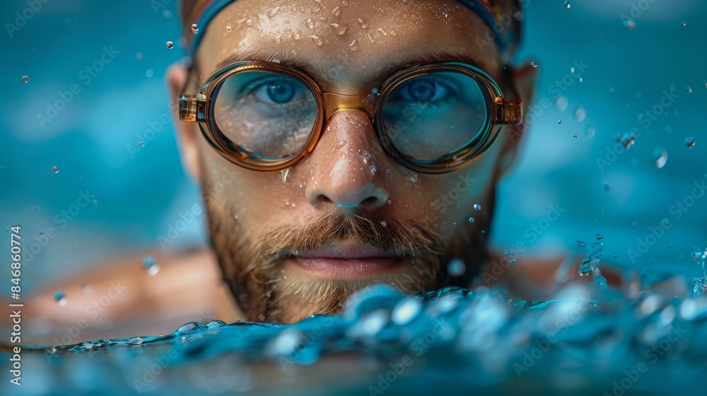 Fototapeta premium A man with a beard and glasses is swimming in the water, wearing goggles and a swim cap. He is looking at the camera with a determined expression.