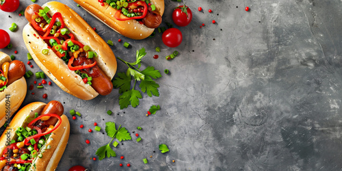  homemade hot dogs with sausage, fried onion, tomatoes and beans with dark background  photo