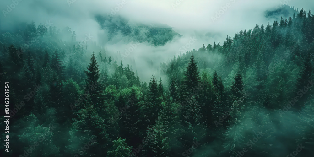 Serene misty forest with dense evergreen trees shrouded in fog on a tranquil morning, creating a mystical and peaceful atmosphere.. Serene misty forest with dense evergreen trees shrouded in fog on a tranquil morning, creating a mystical and peaceful atmosphere..