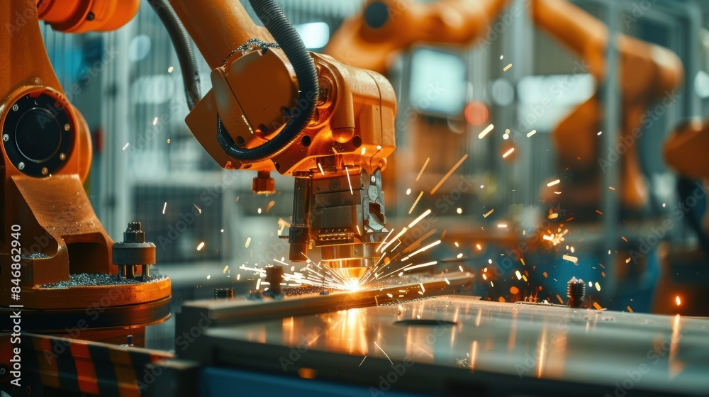 Closeup of a robotic arm with laser technology, cutting materials in an automated factory with sparks Closeup of a robotic arm with laser technology, cutting materials in an automated factory with sparks