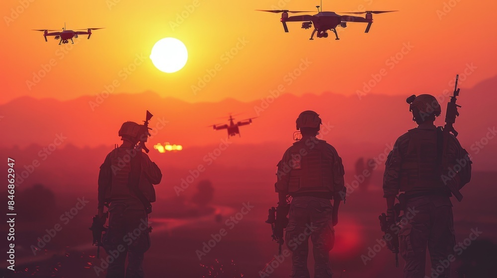 Fototapeta premium Soldiers conducting military sunset mission utilizing drone for strategic operation during twilight