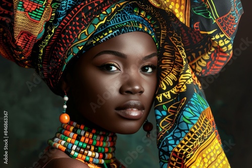 Stunning closeup of a young african woman wearing a colorful headwrap and ethnic jewelry