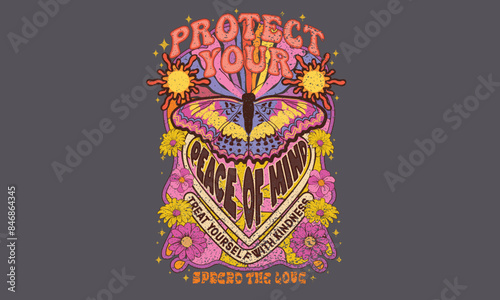 Spring flower. Rainbow butterfly artwork. Treat yourself with kindness. Protect your peace of mind. Butterfly with flower artwork for t shirt print, poster, sticker, background and other uses. 