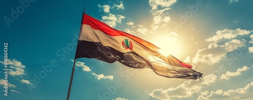 Yemen flag fluttering against a clear, sunny sky photo