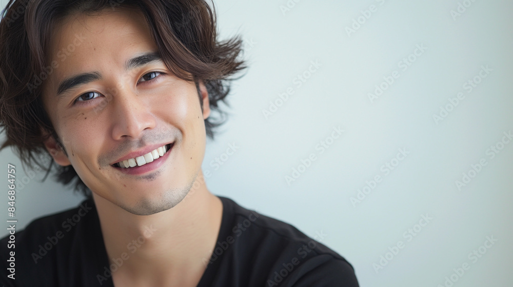 笑顔でカジュアルな金持ち男性、ロングヘアとヒゲで大人の魅力を持つメンズエステ体験のポートレート