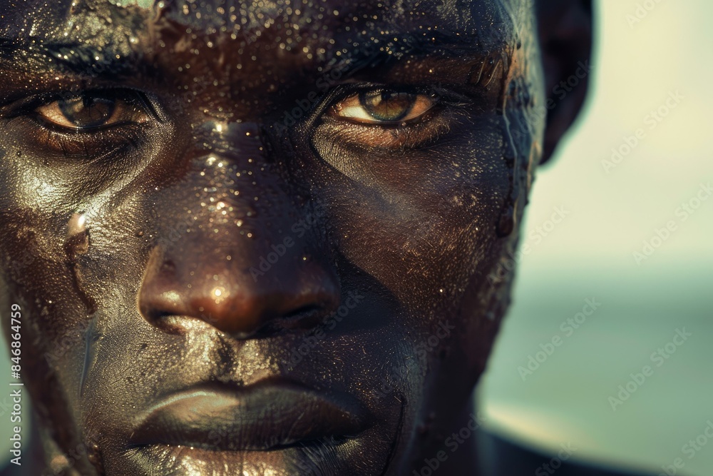 Striking closeup of a man's face with shimmering dew drops on his skin, highlighting his piercing gaze Striking closeup of a man's face with shimmering dew drops on his skin, highlighting his piercing gaze