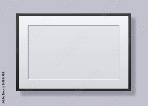 Horizontal black photo frame with white passepartout on wall. Vector realistic template illustration