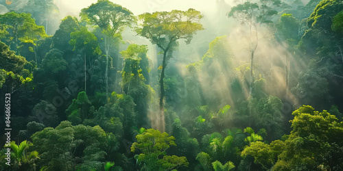 Misty rainforest with sunlight filtering through dense foliage  creating a serene and enchanting natural landscape filled with lush greenery and vibrant life..