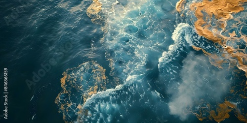 Aerial view of sea pollution caused by an oil spill disaster. Concept Oil Spill, Aerial View, Sea Pollution, Environmental Disaster, Impact on Ecosystems photo