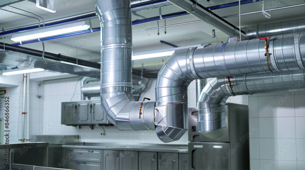 Sleek Modern HVAC System Enhancing Ventilation and Cooling in a Commercial Kitchen Sleek Modern HVAC System Enhancing Ventilation and Cooling in a Commercial Kitchen