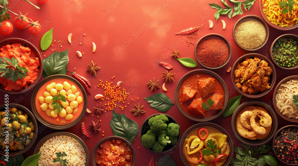 Juicy street food flat design top view Indian spices 3D render Analogous Color Scheme Juicy street food flat design top view Indian spices 3D render Analogous Color Scheme
