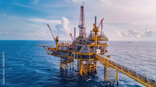 Offshore oil and gas rig platform in the ocean, industrial energy extraction