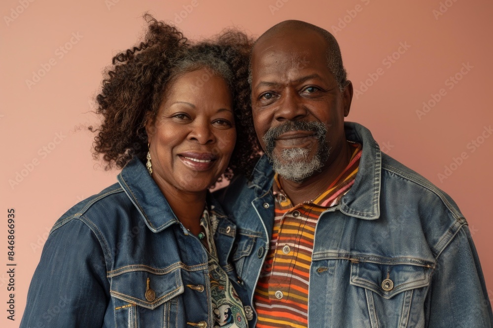Portrait of a joyful afro-american couple in their 40s sporting a rugged denim jacket while standing against pastel or soft colors background Portrait of a joyful afro-american couple in their 40s sporting a rugged denim jacket while standing against pastel or soft colors background