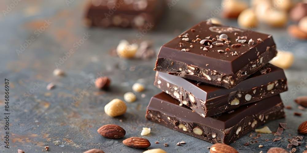 Three stacked chocolate nut pieces on a table. Concept Chocolate, Nuts, Dessert, Food Photography, Sweet Treats Three stacked chocolate nut pieces on a table. Concept Chocolate, Nuts, Dessert, Food Photography, Sweet Treats