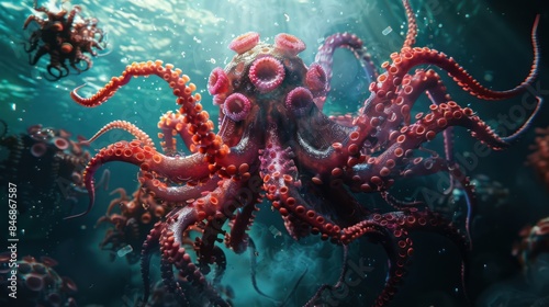 Capture the attention of viewers with a captivating 3D render showcasing the SARS-CoV-2 XBB 1.5 variant morphing into a kraken, symbolizing the transformative. photo