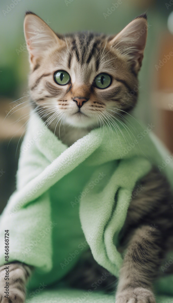 Cat with light green towel mammal animal kitten Cat with light green towel mammal animal kitten