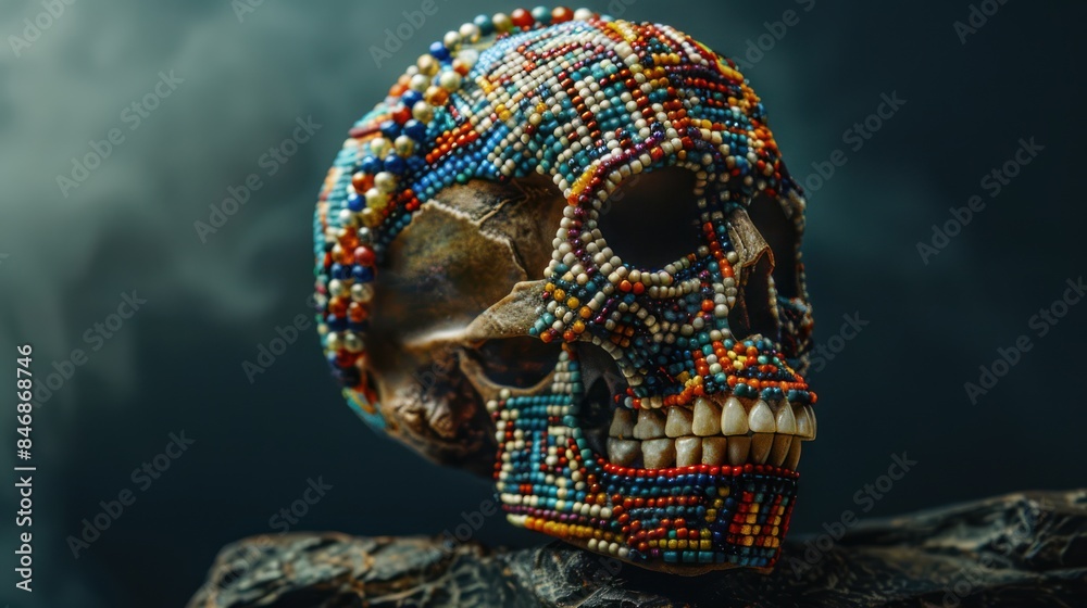 Capture the essence of cultural tradition with a dynamic stock photo featuring a human skull adorned in colorful beads, reflecting the rich tapestry of customs and beliefs against a dark background. Capture the essence of cultural tradition with a dynamic stock photo featuring a human skull adorned in colorful beads, reflecting the rich tapestry of customs and beliefs against a dark background.