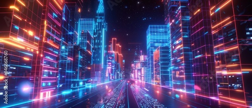 Virtual reality overlay on a smart cityscape, immersive experience with neon holograms and interactive interfaces