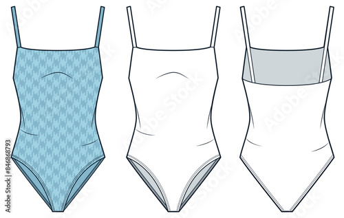  One Piece Swimsuit technical fashion illustration, houndstooth pattern. Bodysuit fashion flat technical drawing template, straps, slim fit, front and back view, white, blue, women CAD mockup set.