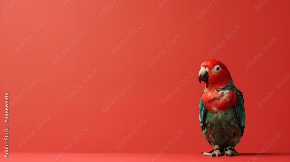 Fototapeta premium A cute parrot sitting on a solid red background with space above for text