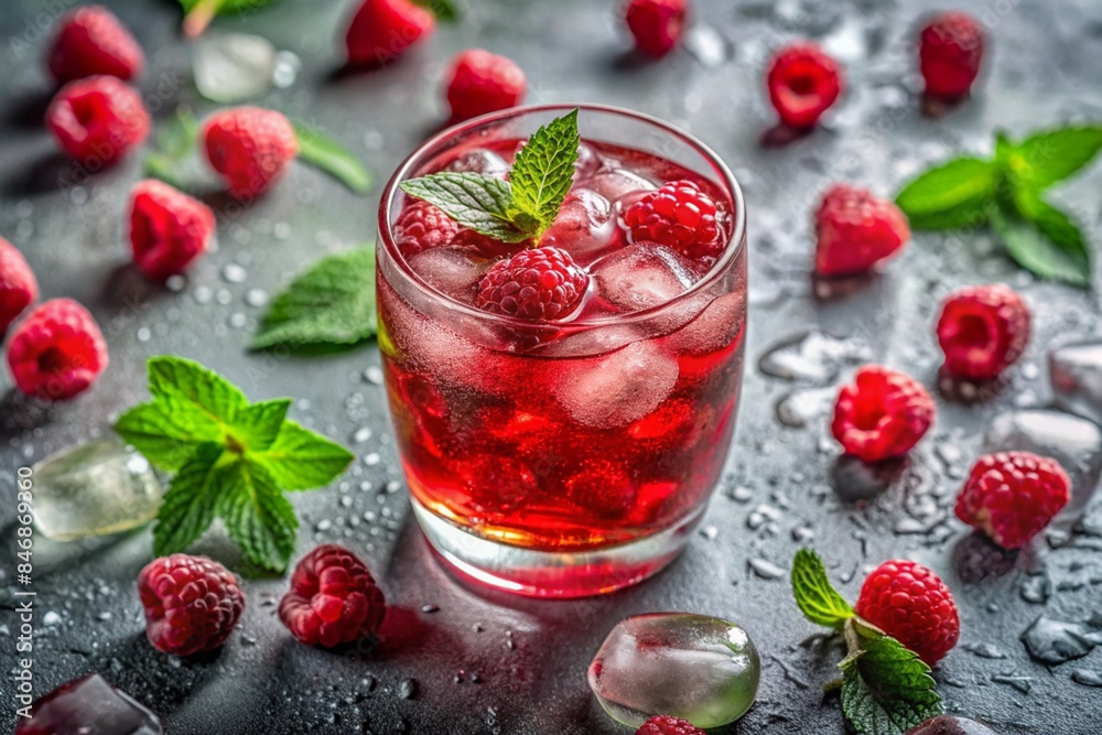 Close-up image of a refreshing red drink with ice and raspberries, garnished with a green leaf, with scattered ice pieces on a gray background Close-up image of a refreshing red drink with ice and raspberries, garnished with a green leaf, with scattered ice pieces on a gray background