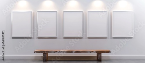 Five blank white frames on a plain white wall, highlighted by soft lighting, with an elegant wooden bench.
