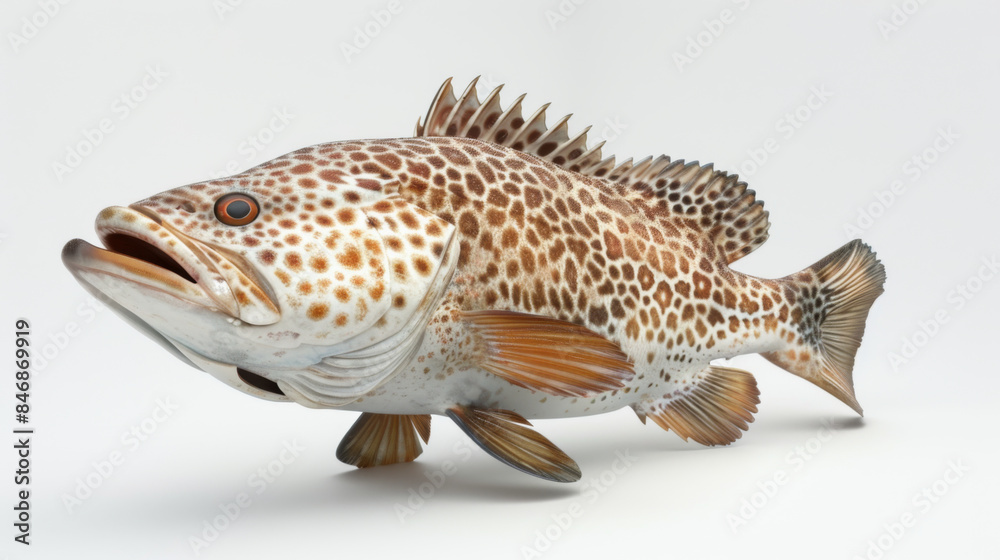 Naklejka premium Detailed image of a spotted grouper fish isolated on a white background, showcasing its unique pattern and colors.