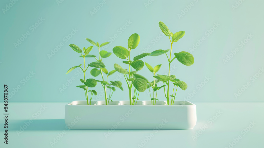 Close-up of young green plants sprouting in a white tray, set against a light green background, representing growth and cultivation. Close-up of young green plants sprouting in a white tray, set against a light green background, representing growth and cultivation.