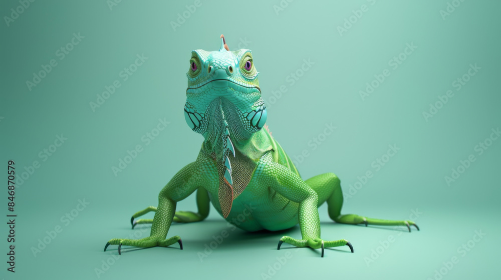 A detailed image of a green iguana against a light green background, highlighting its vibrant scales and inquisitive expression. A detailed image of a green iguana against a light green background, highlighting its vibrant scales and inquisitive expression.