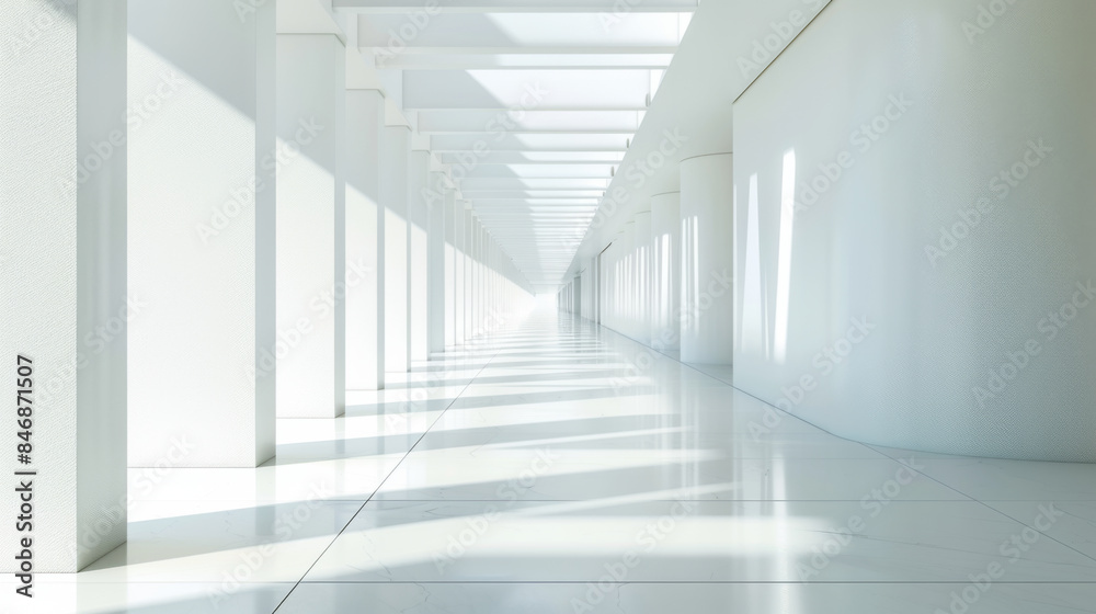 Long, bright corridor with large windows casting shadows on the floor, creating a modern, airy, and spacious feel. Long, bright corridor with large windows casting shadows on the floor, creating a modern, airy, and spacious feel.