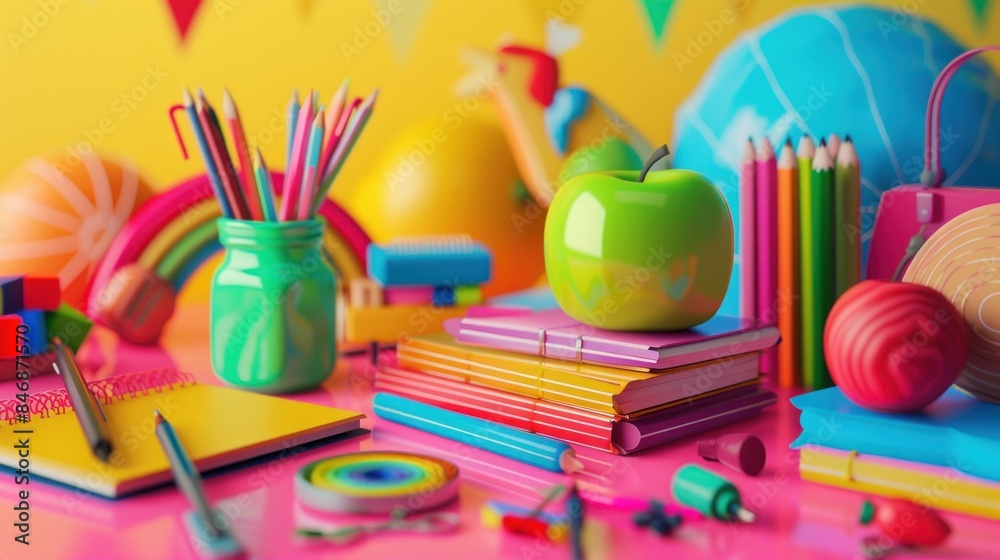 Close up view of stack of books with pencils and apple on table on yellow background. Education or Back to school concept. Ai generated image Close up view of stack of books with pencils and apple on table on yellow background. Education or Back to school concept. Ai generated image