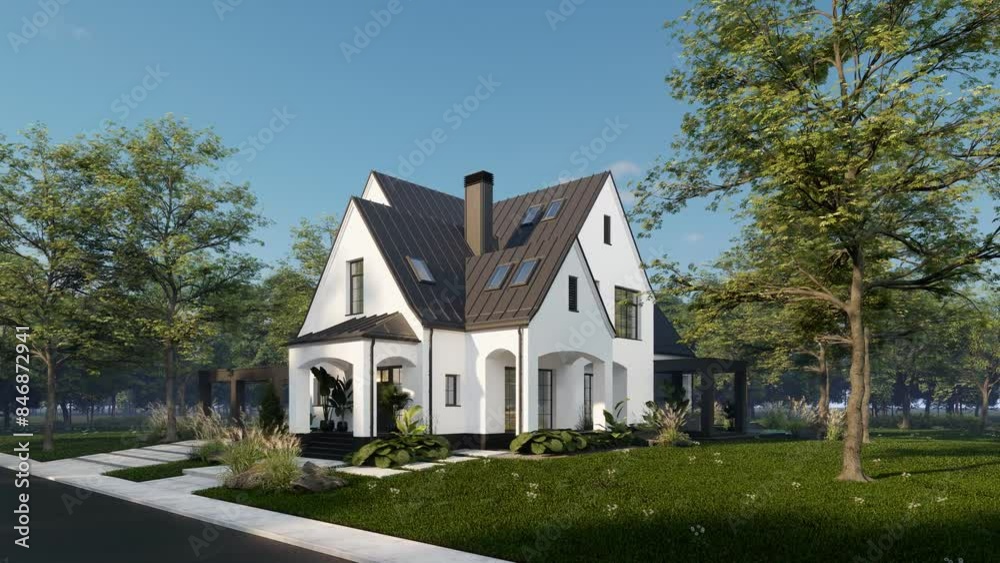 4K video rendering of cute cozy white and black modern Tudor style house with parking and pool for sale or rent with beautiful landscaping. Fairy roofs. Clear sunny summer day with blue sky 4K video rendering of cute cozy white and black modern Tudor style house with parking and pool for sale or rent with beautiful landscaping. Fairy roofs. Clear sunny summer day with blue sky