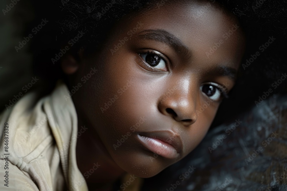 Closeup of a thoughtful young boy with expressive eyes in natural light
