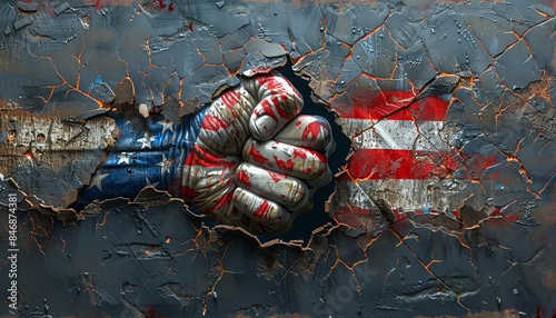 A powerful fist breaking through a cracked wall, painted with the American flag.