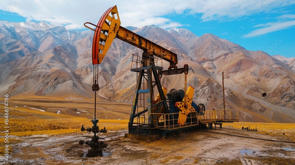 An oil pump jack stands prominently in a rugged landscape with mountains in the background, symbolizing energy extraction