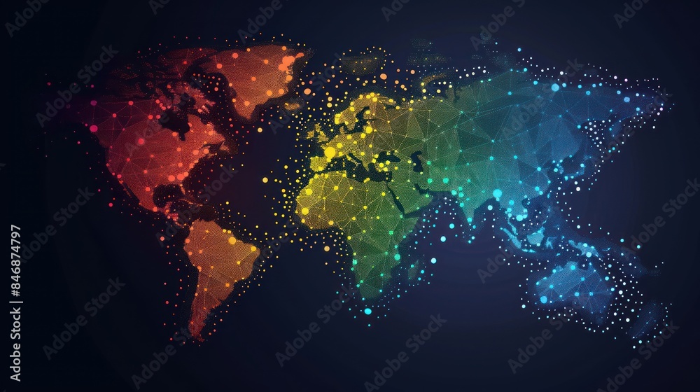 Create a visually striking stock photo featuring a world map vector composed of colorful dots and points, representing global connectivity and diversity. Create a visually striking stock photo featuring a world map vector composed of colorful dots and points, representing global connectivity and diversity.