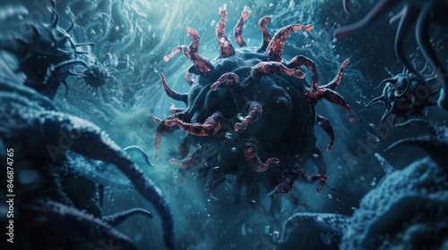 Create a visually striking 3D render depicting the SARS-CoV-2 XBB 1.5 variant emerging from the depths like a mythical kraken, symbolizing the threat of the coronavirus mutation.