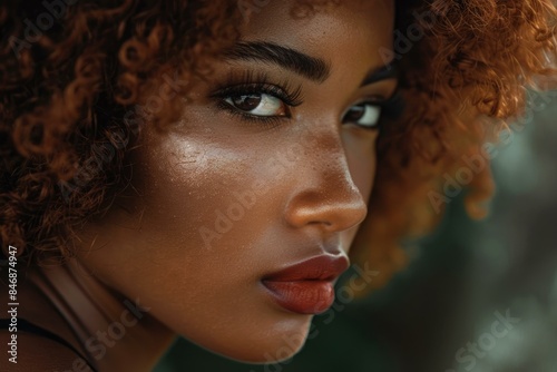 Closeup portrait of a radiant young adult woman with curly hair and glowing skin, exuding natural beauty and femininity