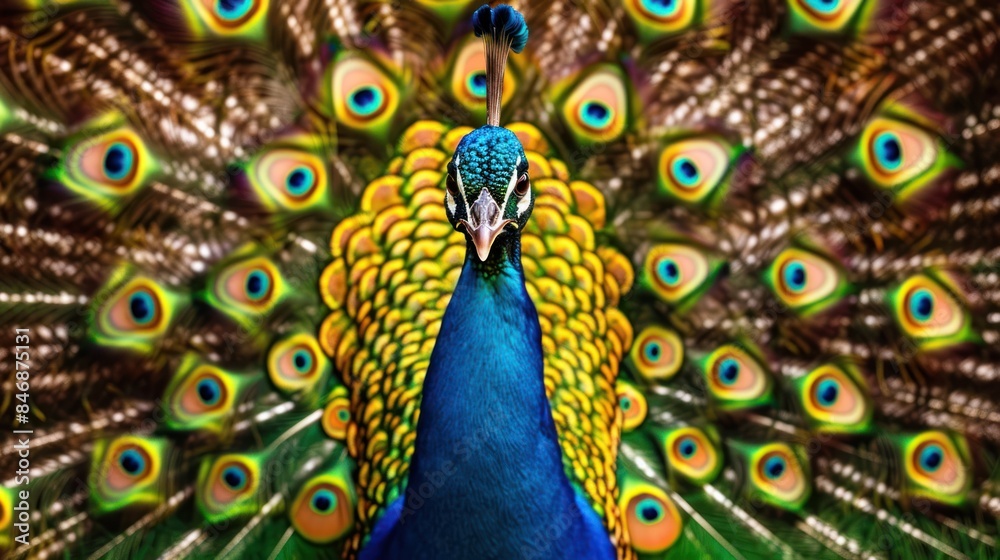 Fototapeta premium Dazzle with brilliance: Handcrafted peacock portrait featuring an opulent display of colorful rhinestones and shimmering diamonds.