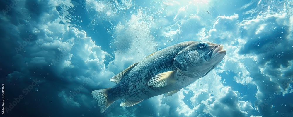 giant fish swimming through a cloudy sky, surreal minimalist giant fish swimming through a cloudy sky, surreal minimalist